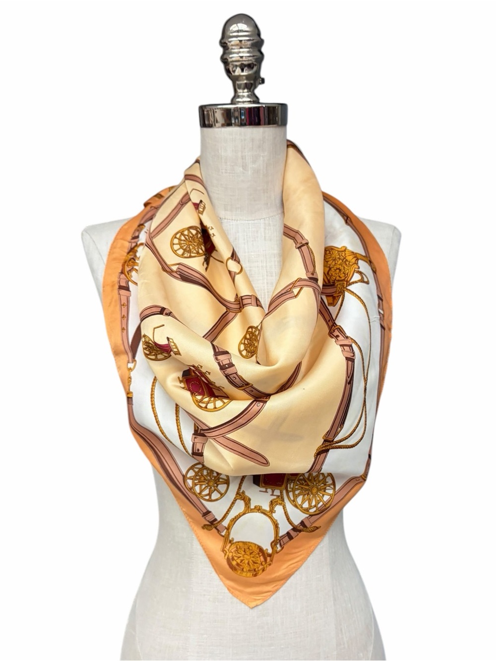 Vintage Equestrian Carriage Print Square Scarf Cream Gold Peach (Fair Condition)